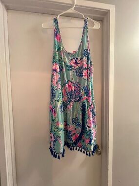 Lilly Pulitzer Mint Floral Tank Romper with Pink & Navy Accents